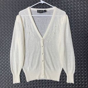 Vintage Rochelle Cream Floral Design Acrylic‎ Blend Button Up Cardigan Sweater S